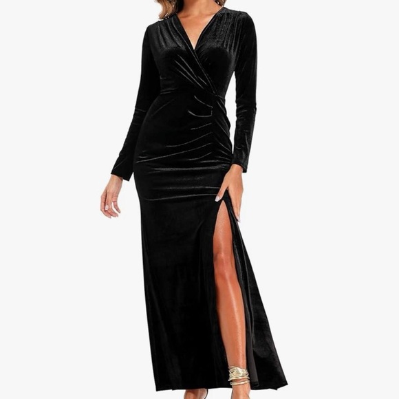 Ababalaya Long Sleeve Wrap Velvet Long Formal Dresses Cocktail Dress High Slit - Picture 1 of 7
